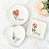 Personalized Birth Flower Jewelry Dish, Custom Floral Name Ring Dish, Trinket Tray for Women Bridesmaid Friends Gift for Birthday, Mother’s Day, Wedding