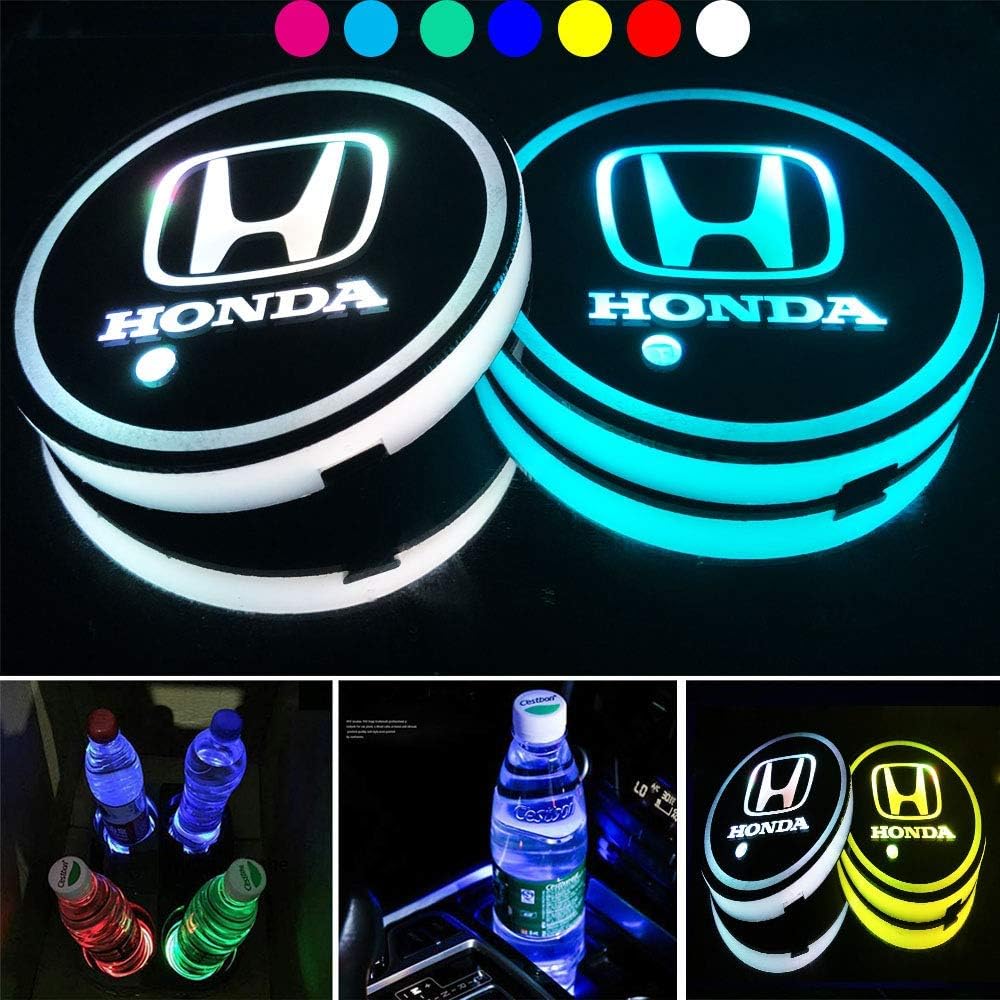 LED Car Cup Holder Lights 7 Colors Changing USB Charging Mat Auto Sport Luminescent Cup Pad LED Interior Atmosphere Lamp 2pcs for Honda