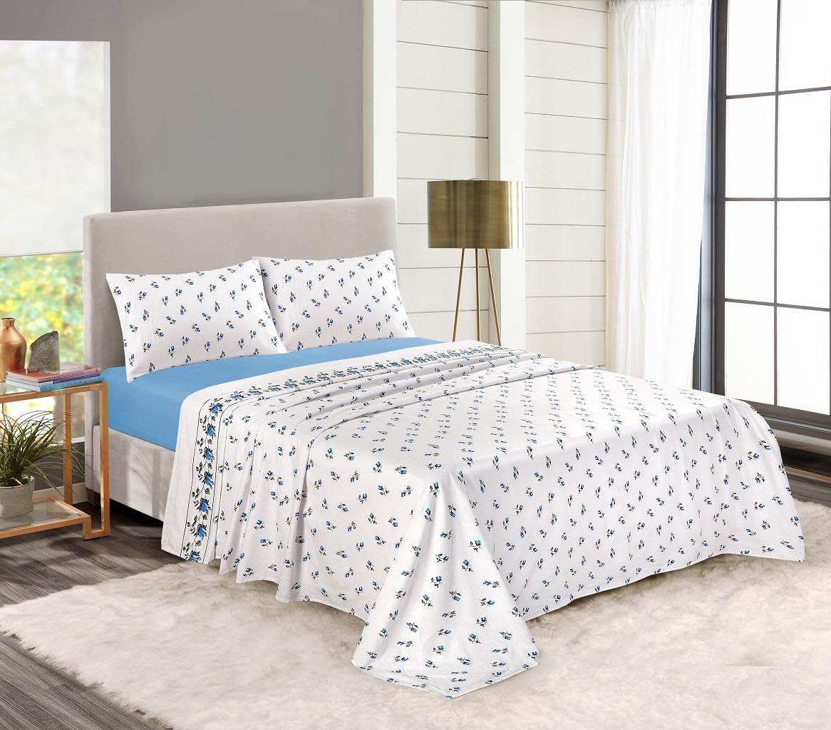 Kampala Hill 100% Brushed Cotton Flannelette Sheet Set - Fitted Sheet, Flat Sheet, Pillow Cases Blue King