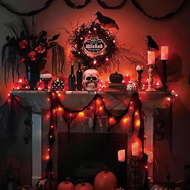 Guirlande lumineuse décorative d'Halloween orange avec gaze noire, 3 m, 30 LED, 8 modes et minuterie, étanche IP65, éclairage d'Halloween intérieur et extérieur pour fenêtre, cheminée, jardin
