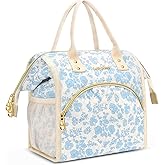 Lunch Bag Women Insulated Lunch Box Wide-Open Lunch Tote Bag Large Drinks Holder Durable Nylon Thermal Snacks Organizer for Men Adults Work Picnic Hiking Beach Fishing, Blue Flower