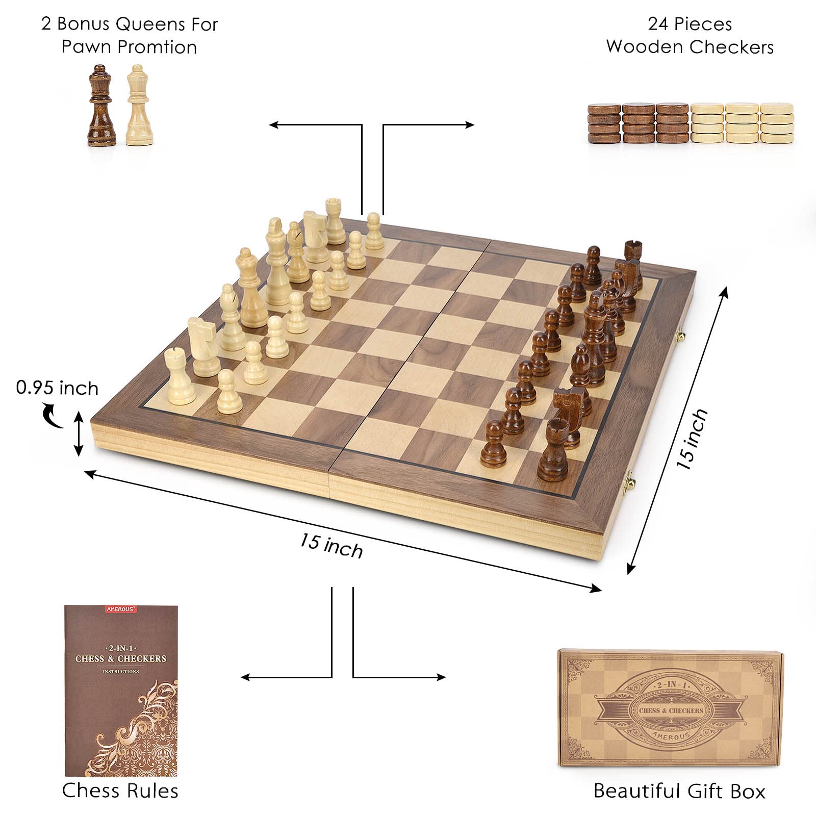 AMEROUS 15'' Magnetic Wooden Chess & Checkers Game Set -2 Extra Queens -24 Cherkers Pieces - Chessmen Storage Slots, Beginner Chess Set for Kids and Adults, Classic 2 in 1 Board Games