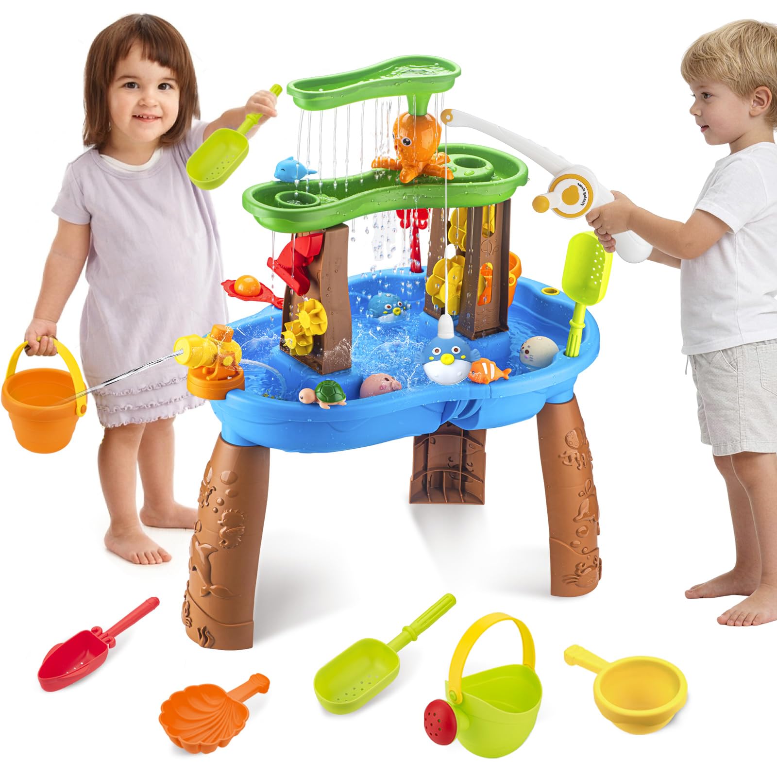 Photo 1 of ZACEAC Water Table for Toddlers 3-5 Outdoor Toys for Kids Ages 4-8 3-Tier Kids Sand Water Tables with Fishing Game Set Activity Sensory Table Summer Gift Beach Outside Toys for Toddler Boys