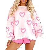 Women Cute Heart Print Sweaters Long Sleeve Valentines Romantic Love Pullover Casual Crew Neck Knitted Jumper Tops