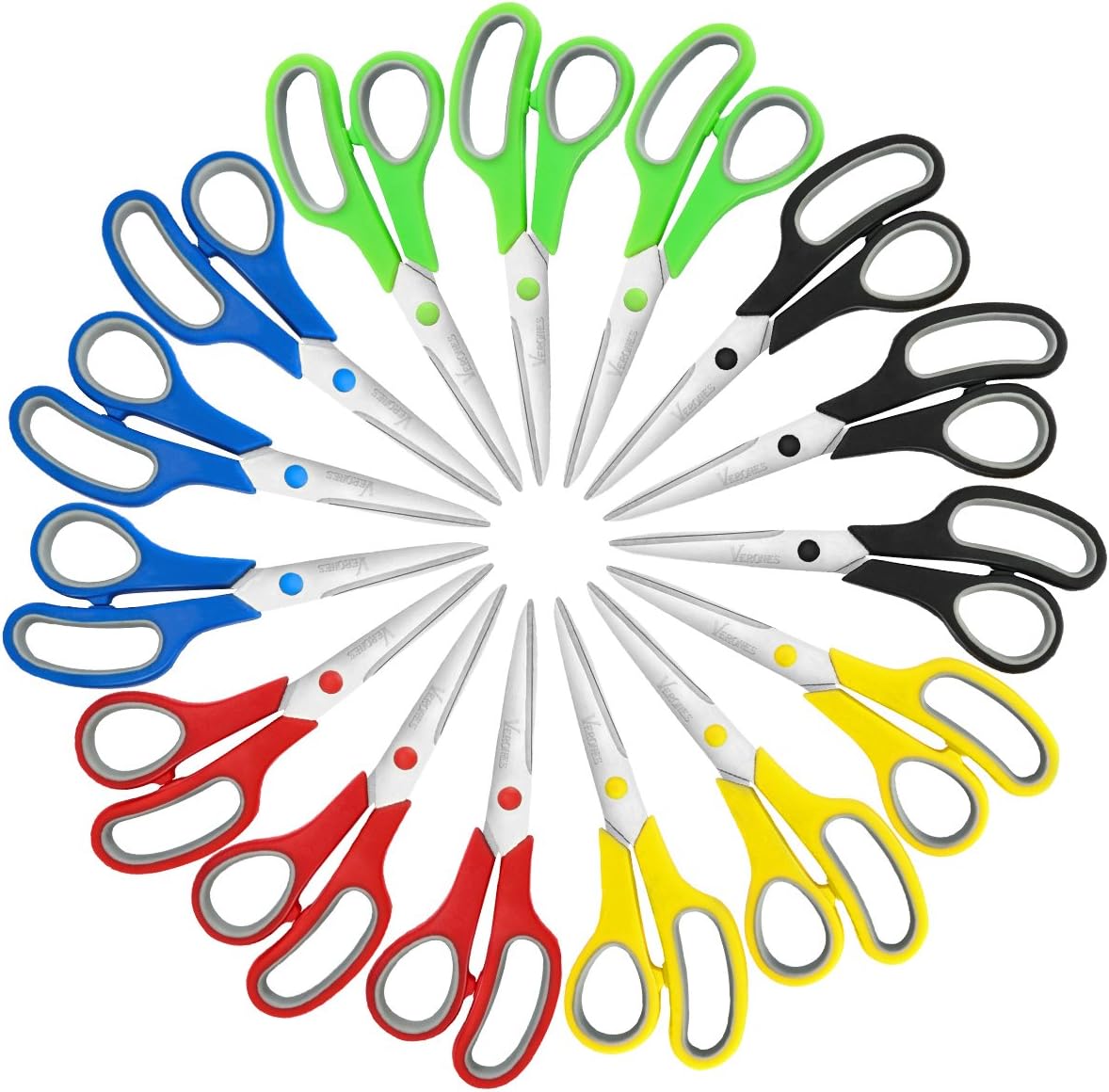 Scissors, VERONES 8 Inch Soft Comfort-Grip Handles & Stainless Steel Sharp Blades Perfect for Multi-Purpose Scissors for Office Home School Art Craft Sewing, 15-Pack