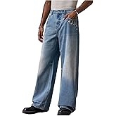 BEAUDRM Men's Floral Embroidery Baggy Jeans High Waisted Wide Leg Denim Pants with Pockets