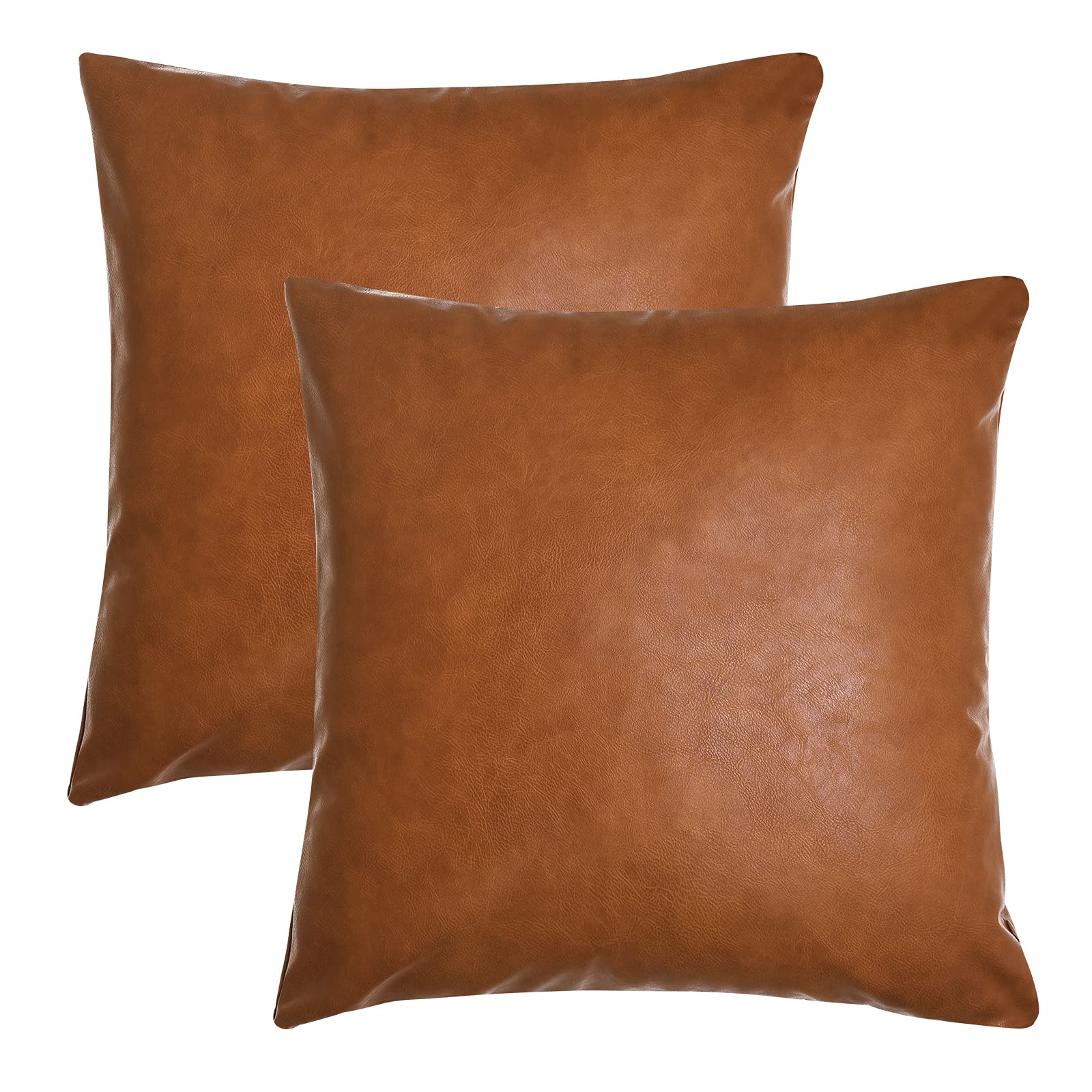 Photo 1 of Tosewever Faux Leather Throw Pillow Covers, 20 x 20 inch Set of 2 Luxury Cognac Brown Modern Pillowcases Solid Decorative Square Cushion Cases for Bedroom Living Room Couch Bed Sofa (Brown, 20" x 20")