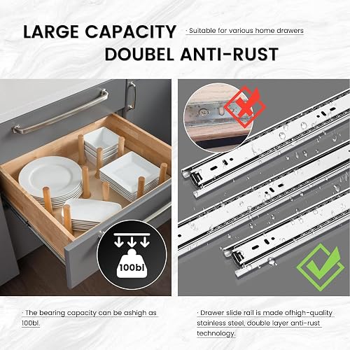 Soft Close Full Extension Drawer Slides – 10" To 22", 100lb Load Capacity, Side Mount Ball Bearing Rails (1 Pair)