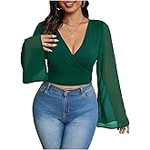 MakeMeChic Women's Plus Size Crop Top Bell Sleeve Tops V Neck Wrap Blouse Party T Shirts