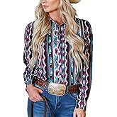 Bellesumyee Womens Retro Aztec Pearl Snap Shirts Lapel Button Up Blouse Long Sleeve Cowgirl Ethnic Print Rodeo Western Tops