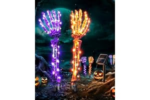 FLACCHI Solar Halloween Decorations Skeleton Hands - 100 LED Fairy Lights 2 pcs Skeleton Hand Stakes with 8 Lighting Modes Waterproof for Halloween Deocr Outdoor (Orange & Purple)