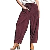 TARSE Women’s Corduroy Pants Baggy Wide Leg Pants Casual Elastic Waisted Palazzo Harem Pants with Pockets
