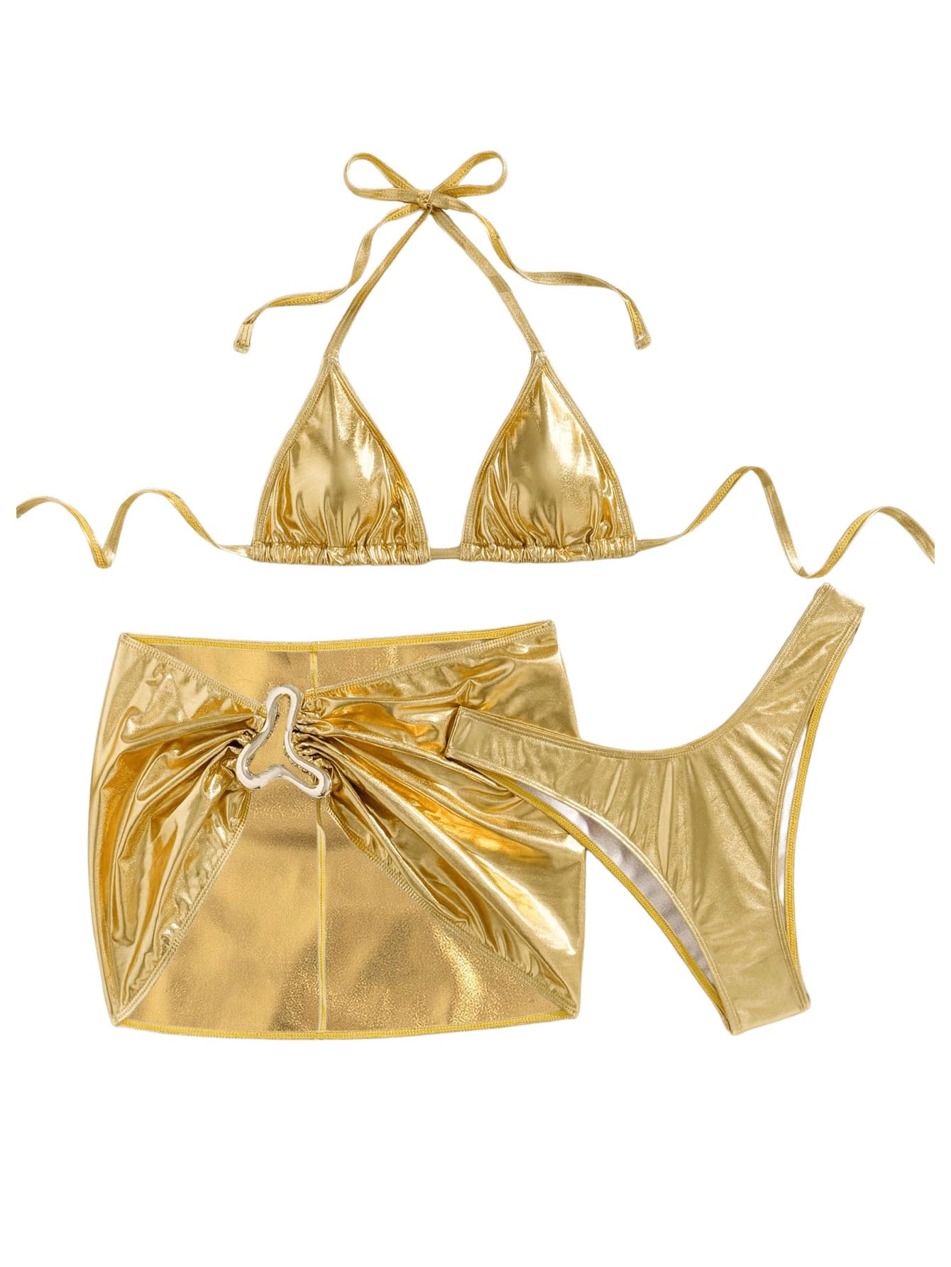Photo 1 of **ONLY TOP***SOLY HUX Women's 3 Piece Swimsuit Metallic Halter Triangle Bikini Set Bathing Suit with Cover Up Beach Skirt Pure Gold Medium