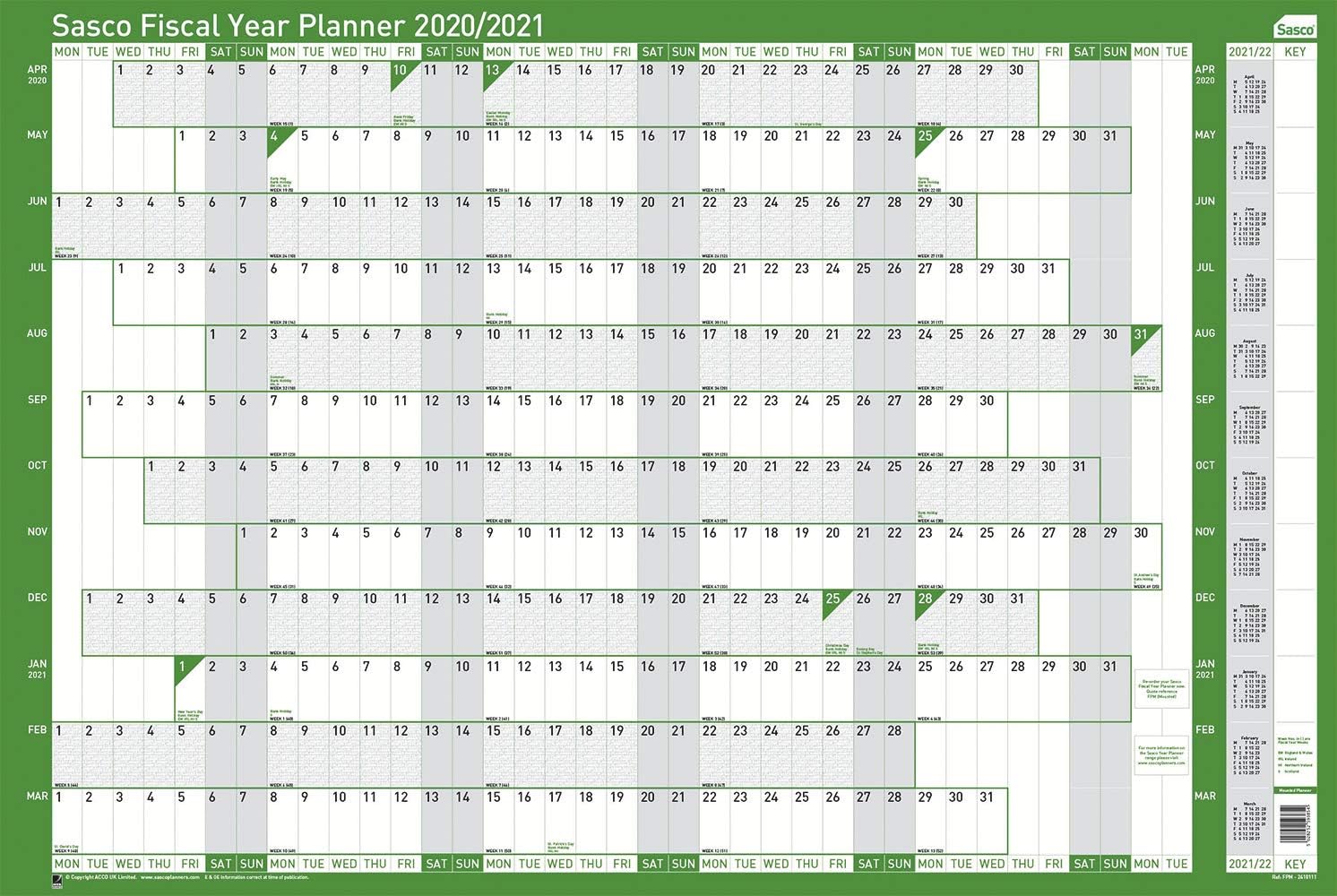 Sasco 2410111 2020/21 Board Mounted Fiscal A1 Wall Planner with Wet Wipe Pen & Sticker Pack, 610 x 915 mm (H x W)