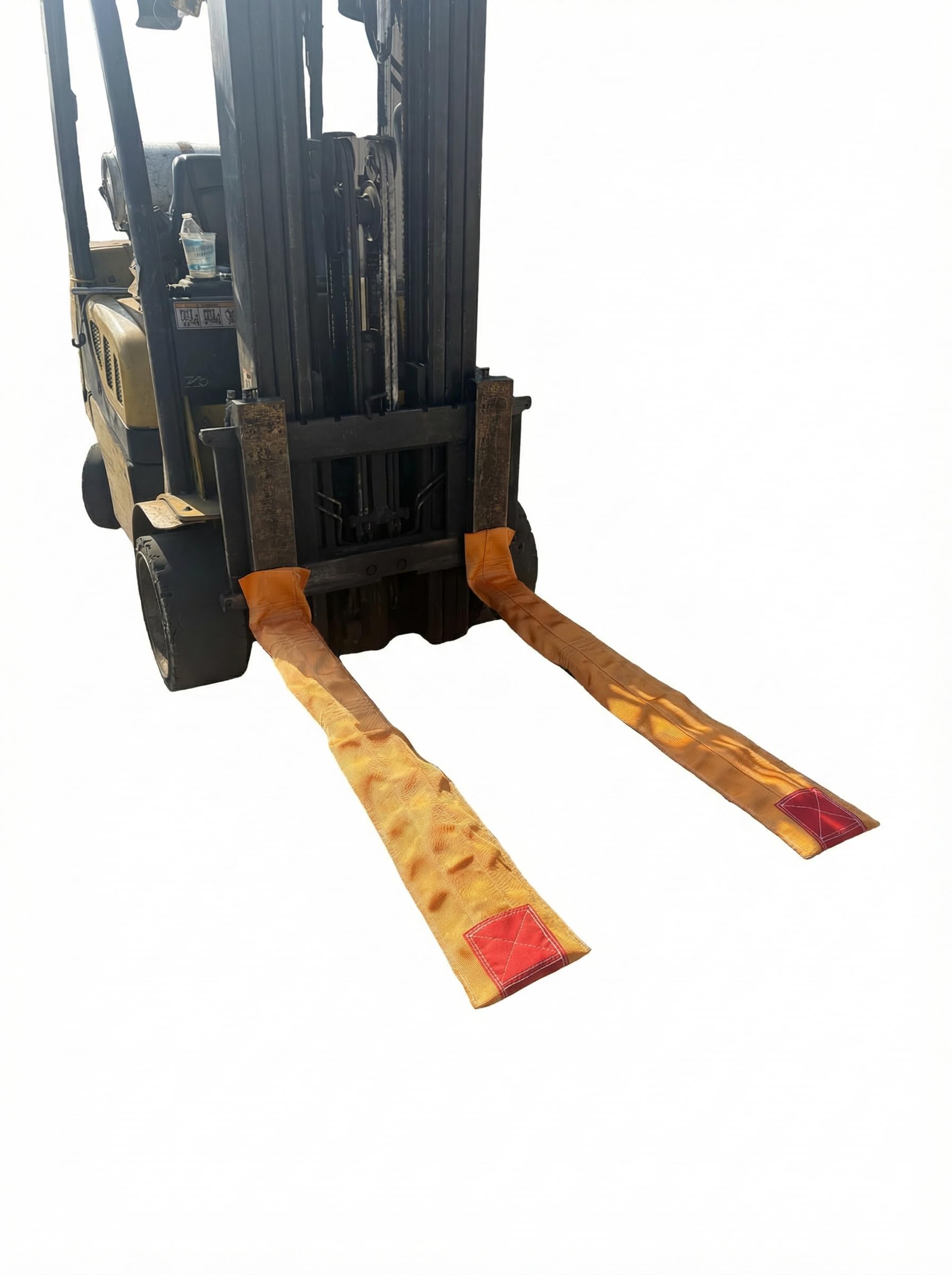 View 1 of "Fork Tender" Forklift Fork Covers, Yellow with Red Tip, Heavy-Duty Nylon, 4-5 Inch Width, 36-72 Inch Length, Protective Sleeve for Delicate Load Handling