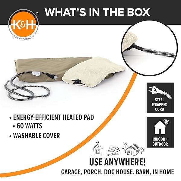 K&H PET PRODUCTS LECTRO-SOFT ORTHOPEDIC OUTDOOR HEATED DOG OR CAT BED FOR LARGE DOGS OR MULTIPLE CATS, SAFETY LISTED WARMING PAD, WATERPROOF, SOFT & FLEXIBLE, WASHABLE COVER – LARGE 36 X 25IN TAN 60W