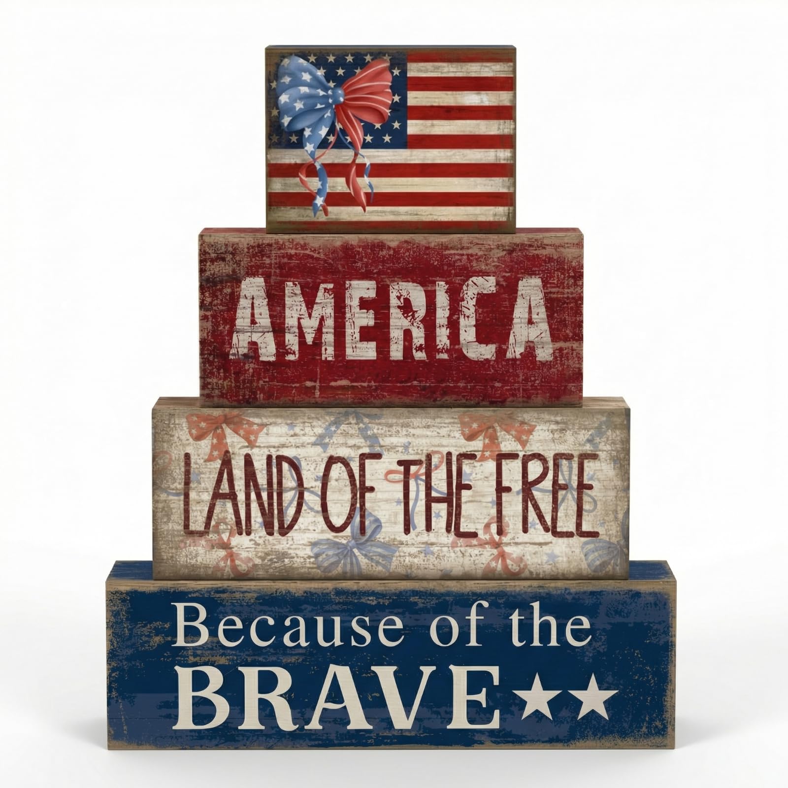 CroBlissful 4 Pcs 4th of July Decorations Patriotic Memorial Day Tabletop Decoration Red White Blue Table Centerpieces 250th Anniversary Wooden Fourth of July Sign for Office Tiered Tray Home Shelf