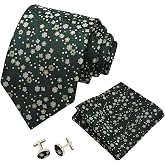 Luckyvestir Mens Ties and Pocket Square Sets, Green Floral Ties for Men with Cufflinks, Men's Tie for Wedding Prom Groomsmen