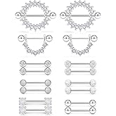 Yaalozei 16G Nipple Piercing Jewelry Hypoallergenic Surgial Steel Nipple Rings Tongue Ring Barbells Body Piercing Jewelry for Women Girls Shiny Cubic Zirconia Round Shaped Rings 8 Pairs