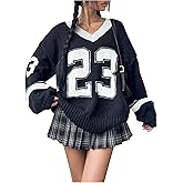 BEAUDRM Women's Y2K Sweaters Letter Print Oversized Sweaters Long Sleeve V Neck Pullover Sweater Jumper Top Knit Jersey Shirt Black Large Plus