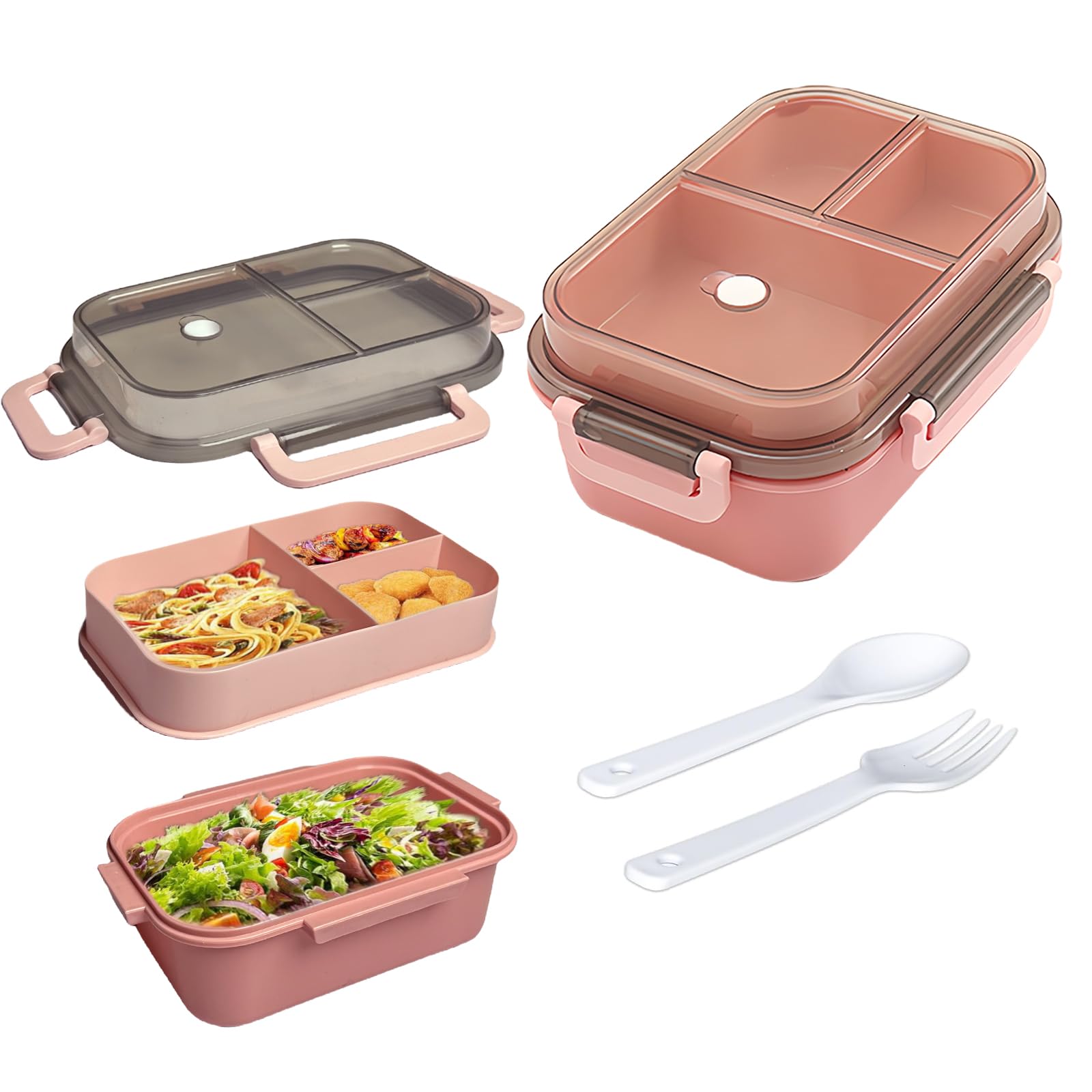 Echehi Portable Lunch Boxes, 2 Layers All-in-One Stackable Lunchbox Utensil Set for Dining Out, Work, Picnic. Pink