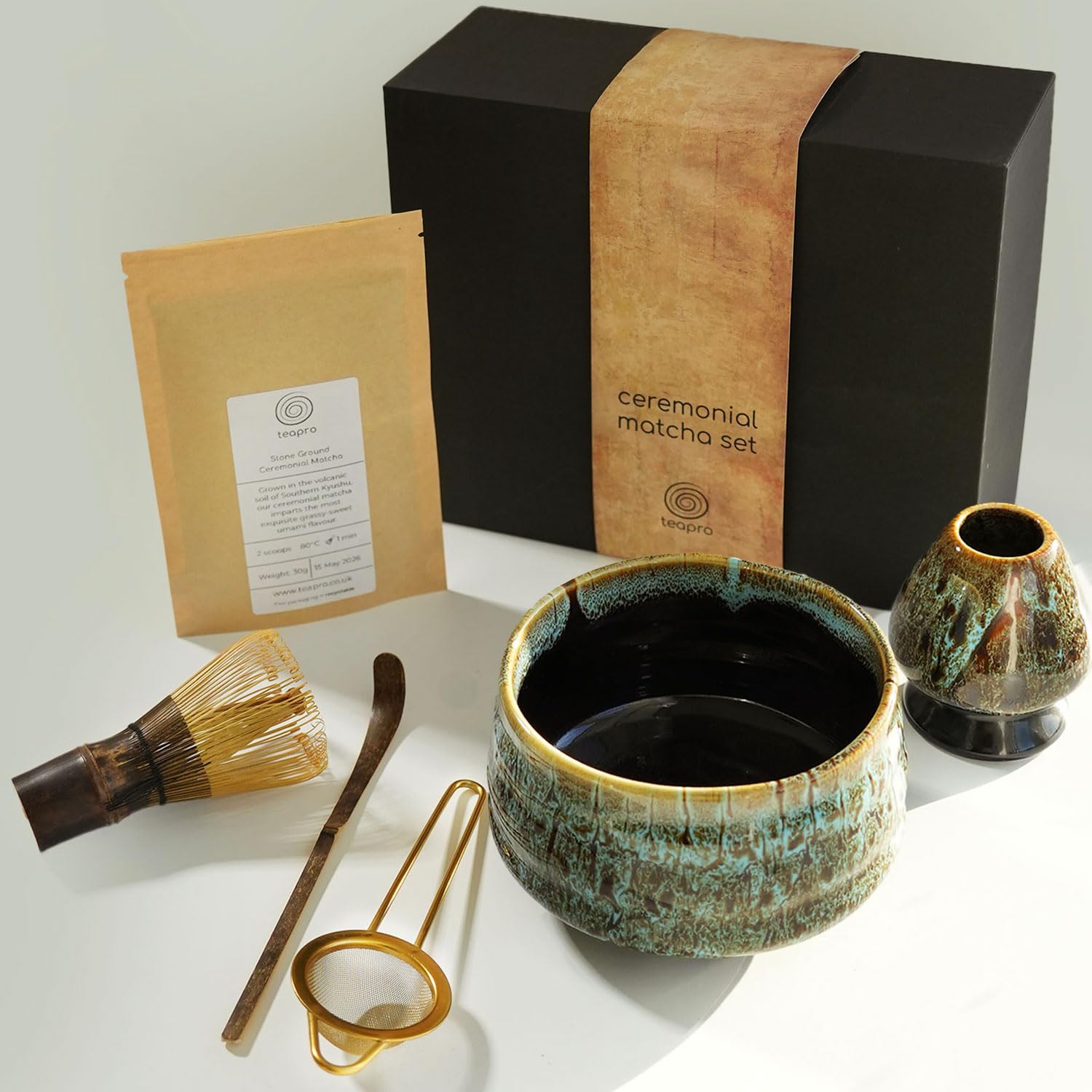 teapro Blue Japanese Matcha Set: Bamboo Matcha Whisk & Scoop, Ceramic Matcha Bowl & Whisk Holder, 30g Ceremonial Matcha Powder, Matcha Sieve, Matcha Starter Kit | Traditional Gift Set
