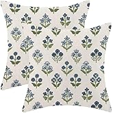 AEIOAE Blue Green Block Print Pillow Covers 18 X 18 Inch Set of 2, Floral Decorative Throw Pillow Covers Linen Outdoor Farmhouse Pillowcase Cushion Case for Home Sofa Decor