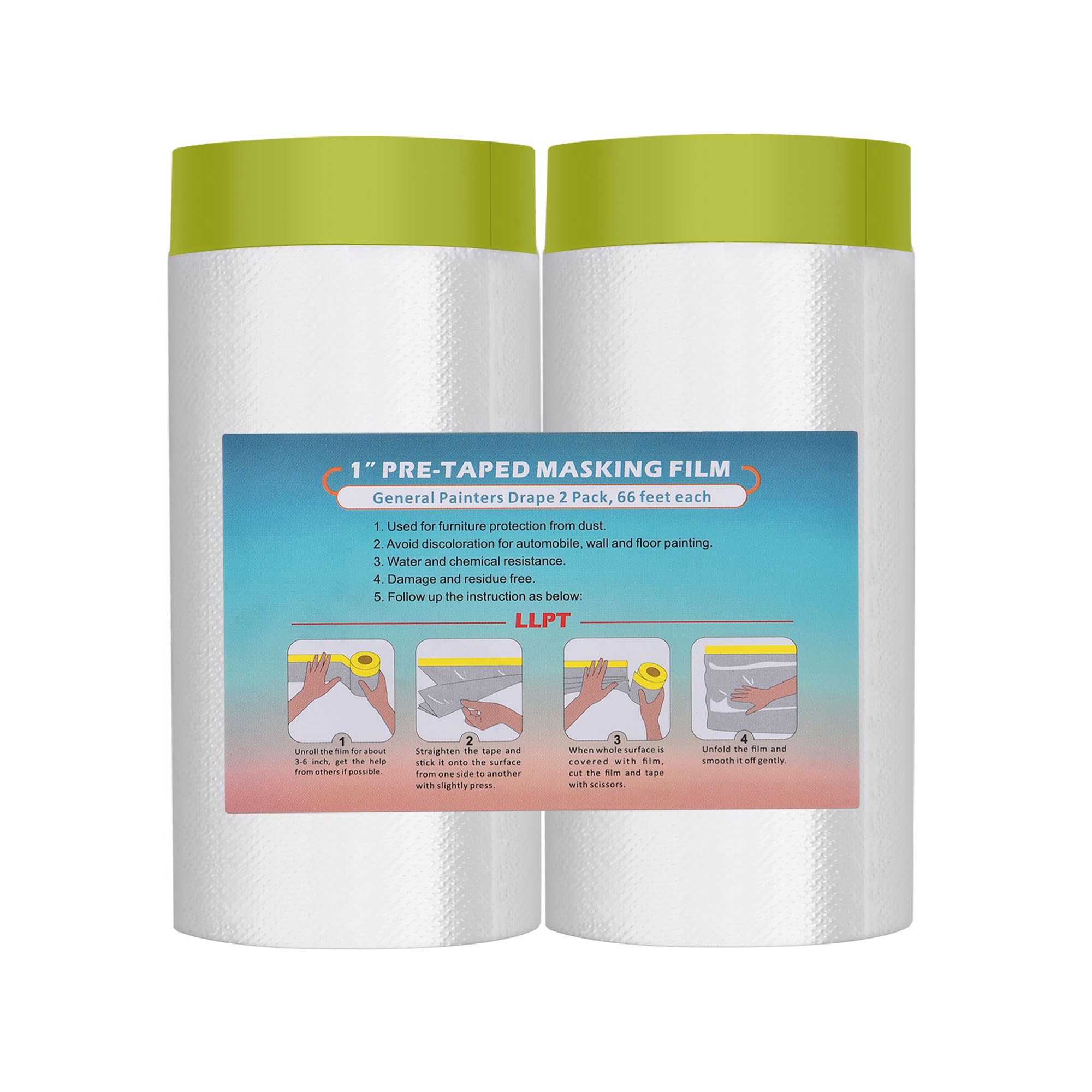 LLPT Tape and Drape Pre-Taped Masking Film | 2-Pack | 150cm(Unfolded) x 20m | Versatile Painter's Plastic Dust Sheets | for Auto Wall Painting and Spraying Protection (MFTG1520) | Green Washi Paper