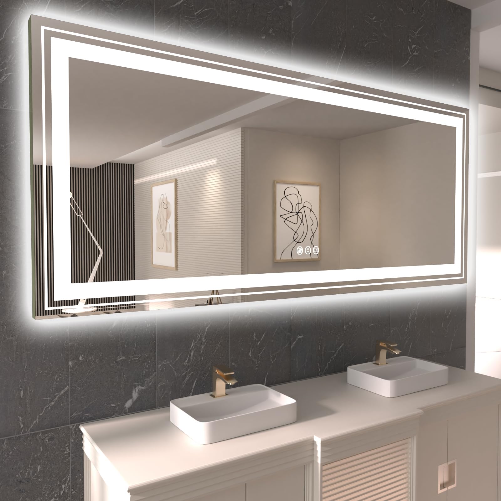 Photo 1 of Snowdool LED Bathroom Mirror, 84"x40" with Front and Backlit, Anti-Fog, Large Bathroom Vanity Mirror for Wall, Memory Function, Stepless Dimmable, Tempered Glass (Horizontal/Vertical)