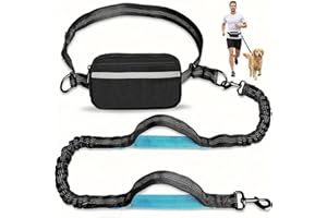 Hands Free Dog Leash with Pouch, Adjustable Waist Belt, Reflective Single Bungee Lead for Walking Jogging, Black