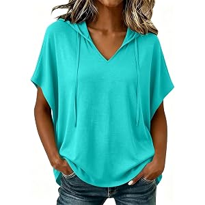 Plus Size Hoodies for Women V Neck Short Sleeve Drawstring Casual T-Shirt Loose Fit Summer Solid Color Hooded Tops