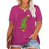 Plus Size Christmas Shirts Women Christmas Tree Graphic Shirt Xmas Holiday Merry Christmas Short Sleeve Tee Tops