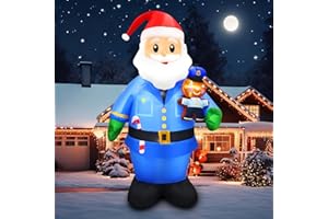 JPHUIDE 7FT Christmas Decorations Inflatable Policeman Santa Claus Blow Up Blue Uniform Santa with Gingerbread Candy Cane & LED Xmas Winter Decor for Outdoor Indoor Party Lawn, Garden, Patio, Home Oraments