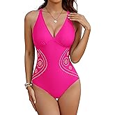 Blooming Jelly Womens Tummy Control One Piece Swimsuit V Neck Slimming Bathing Suits Cut Out Color Block Swim Suits