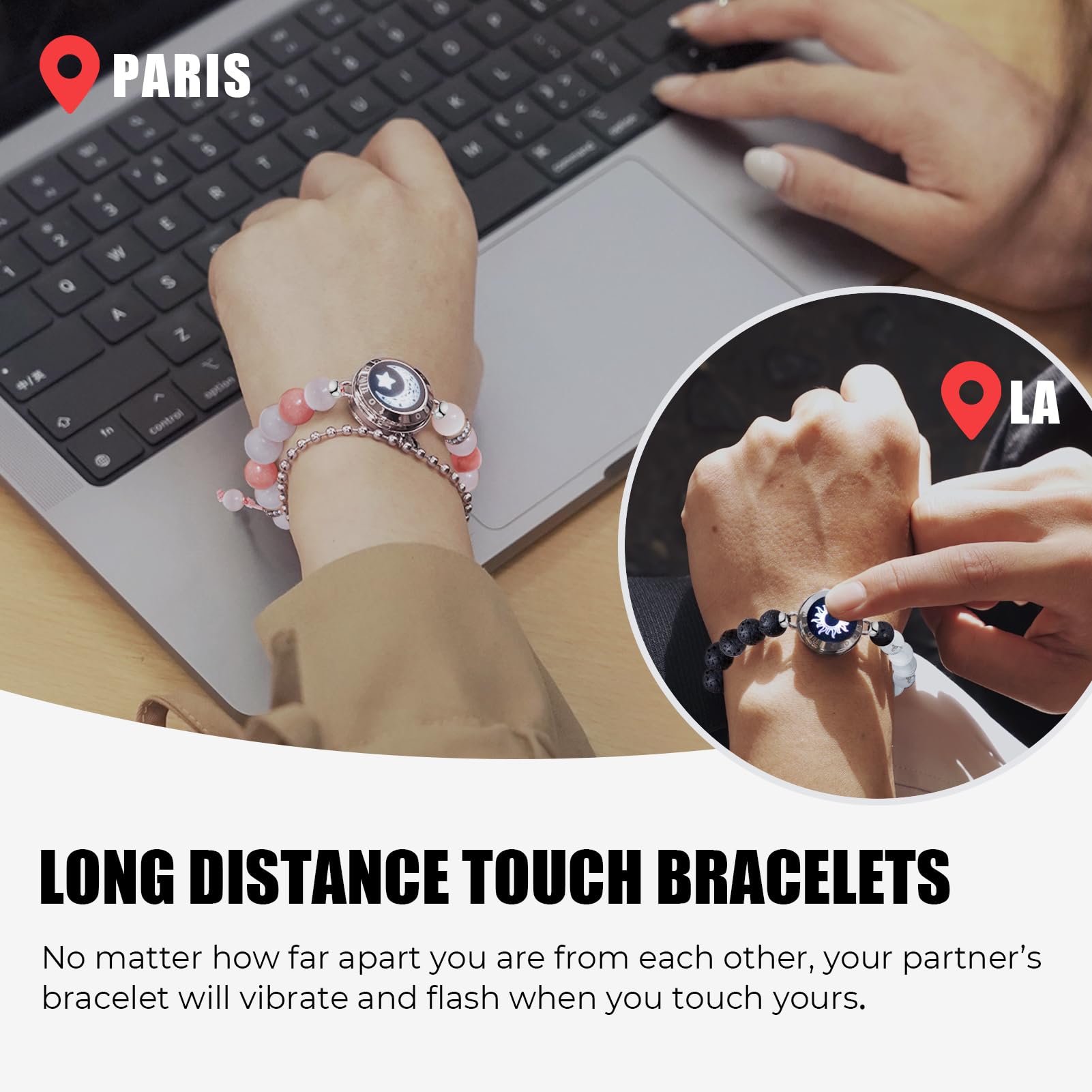 TOTWOO Long Distance Touch Bracelets for Couples, Smart Light up & Vibration for Love Couples Healing Stone Bracelet | Long Distance Relationship Gifts for Girlfriend Bluetooth Pairing Jewelry