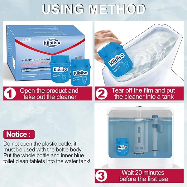KIISIISO TOILET BOWL CLEANERS 6 BOTTLES, AUTOMATIC LONG-LASTING TOILET BOWL CLEANER TABLETS IN BOTTLE, FOR ABOUT 6 MONTHS’ SUPPLY, BLUE
