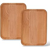 2 Pack Solid Wood Serving Platters and Trays of Natural with Edge,Rectangular Avoid Sliding and Spilling Food (Wood 10x7Inch)