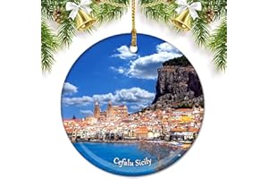 UMSUFA Italy Cefalu Sicily Christmas Ornaments for Tree Ceramic Pendant Double Sided Ornament Decor Xmas Gifts Porcelain Travel Souvenirs