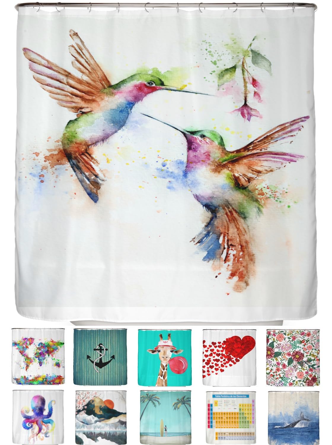 arteneur® - Kolibri - Anti-Mould Shower Curtain 180 x 200 cm - Oeko-Tex Standard 100 - Weighted Hem, Opaque, Waterproof, Washable, 12 Rings