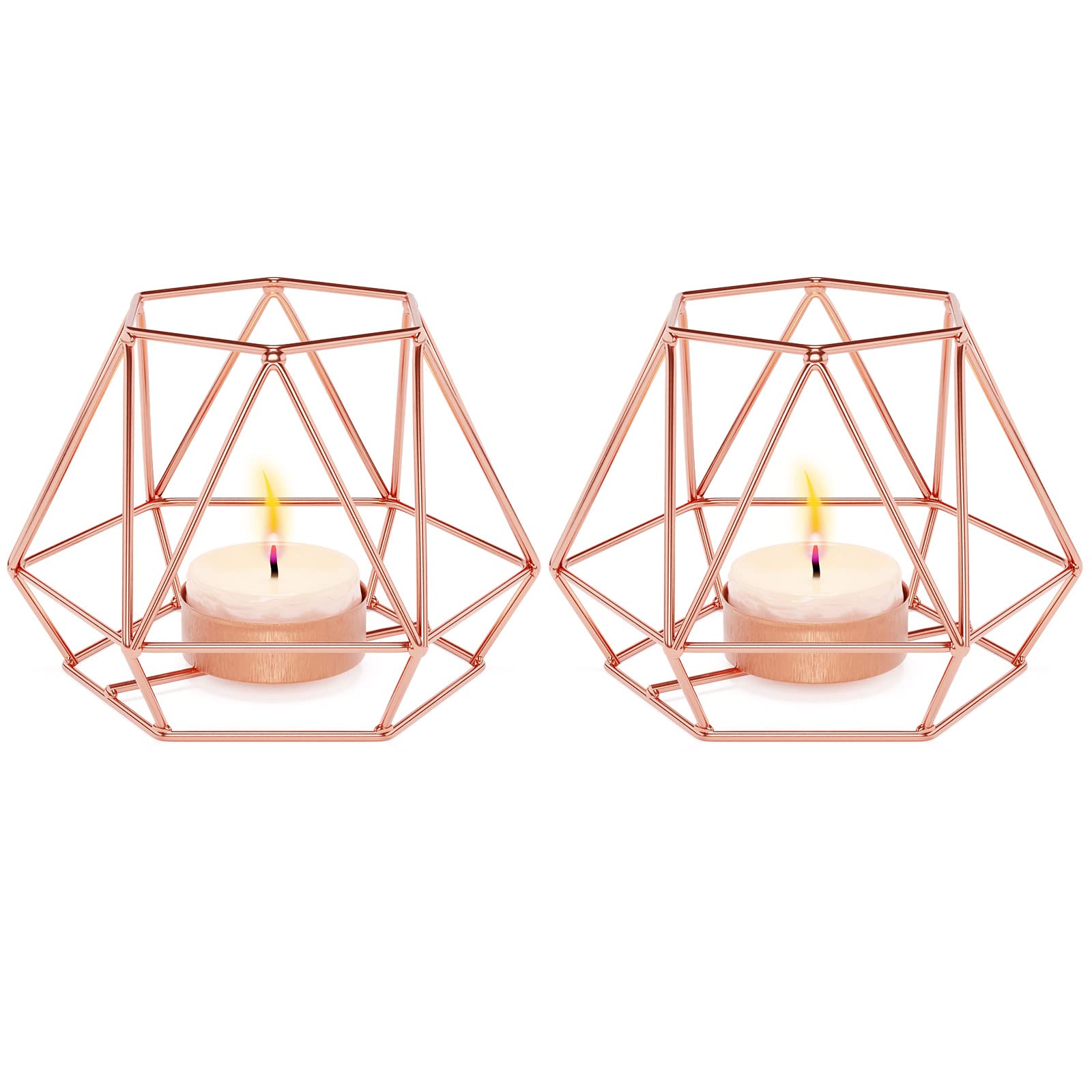 MoYouno 2Pcs Tea Light Candle Holders Set Home Decor, Metal Hollow Iron Decorative Candle Lanterns Holder, Ornament for Living Room, Wedding, Party, Events (Rose Gold)