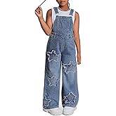 Patotreey Girl's Wide Leg Denim Overalls Star Patchwork Adjustable Straps Baggy Jean Jumpsuits