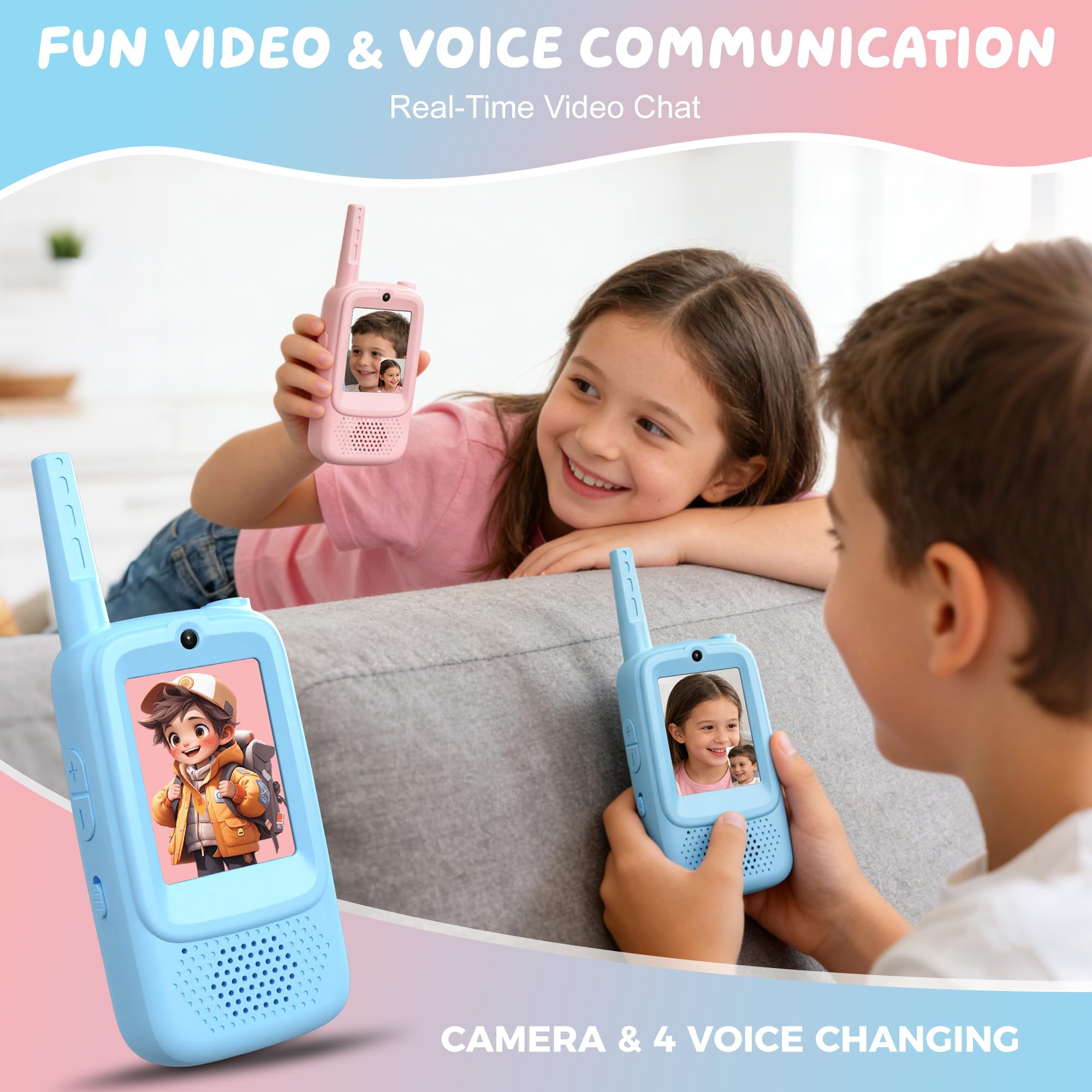 Video Walkie Talkies for Kids, 2 Pack Rechargeable Walkie Talkies with Screen, Long Range 2 Way Radio with 4 Voice Effects, Christmas Birthday Gifts for Age 3-12 Boys Girls Indoor/Outdoor/Camping