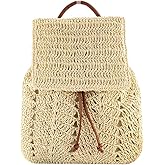 Women Medium Straw Handmade Woven Backpack Flap Drawstring Shoulders Bag Beach Daypack