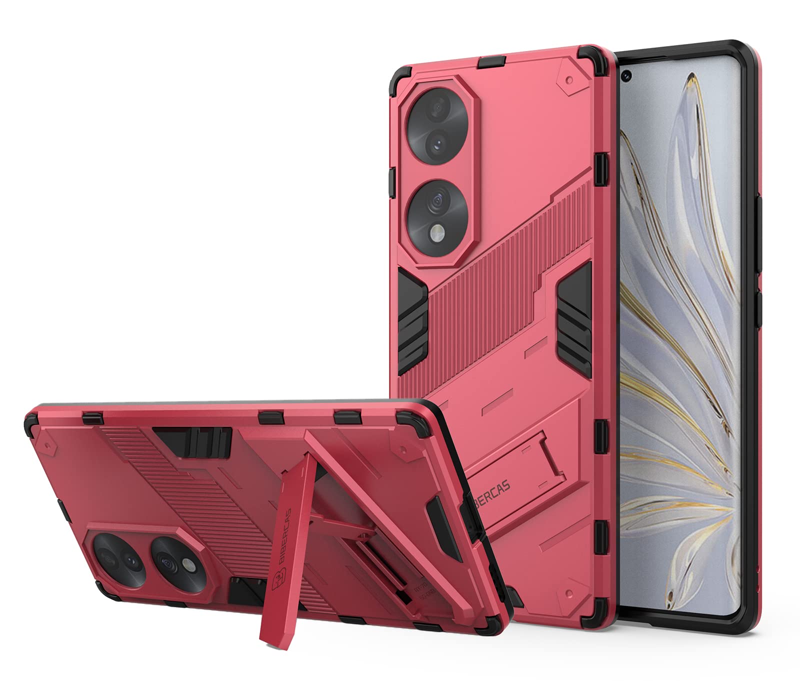 GIOPUEY Hybrid Case Compatible with Honor 70, [Shockproof] Soft TPU Bumper and Hard PC Back Cover with Stand [Camera Lens Protecctor] [Non-Slip] [Outdoor] - Rose Red