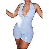 Milumia Women's Sexy Deep V Neck Halter Romper Lace Up Backless Knitted Shorts Jumpsuits