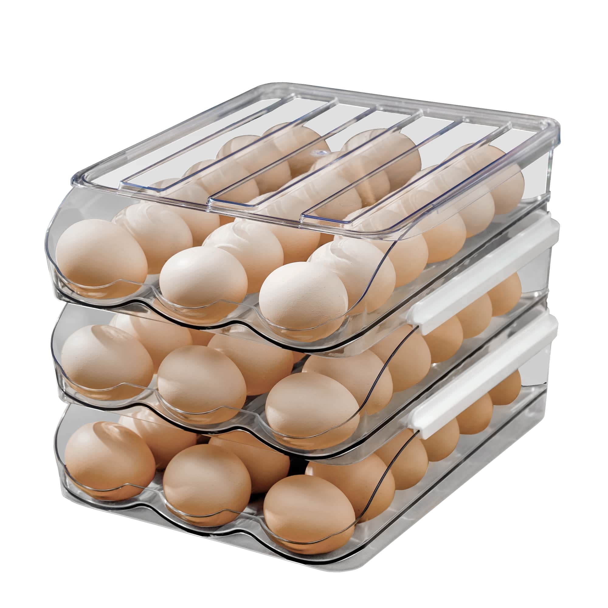memeyou Large Capacity Egg Holder For Refrigerator Auto Rolling Egg Container Organizer Tray Bins Stackable Fresh Storage Box For Fridge Plastic Clear(3 Layers)