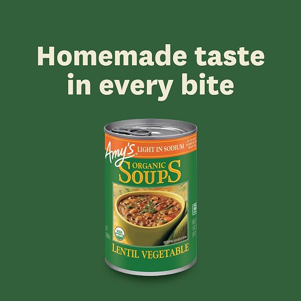 AMY’S SOUP, VEGAN LIGHT IN SODIUM LENTIL VEGETABLE SOUP, GLUTEN FREE, MADE WITH ORGANIC VEGETABLES, CANNED SOUP, 14.5 OZ (6 PACK)
