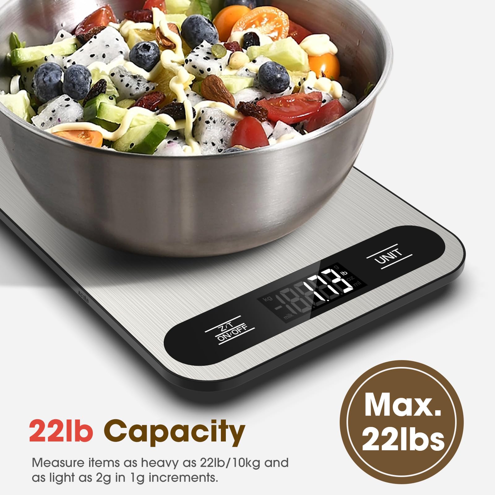 Mik-Nana Food Scale, 22lb Digital Kitchen Scale with 6 Units Tare Function & LCD Display, Stainless Steel Weight Grams and Ounces for Baking, Cooking and Meal Prep (Batteries Included)