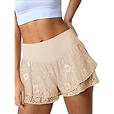 Fisoew Flowy Shorts for Women High Waisted Workout Shorts Lace Athletic Tennis Gym Yoga 2 in 1 Short with Pockets