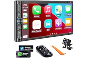 SJOYBRING Double Din Car Stereo Compatible with Voice Control Apple Carplay - 7 Inch HD LCD Touchscreen Monitor, Bluetooth, Subwoofer, USB/SD Port, A/V Input, AM/FM Car Radio Receiver, Backup Camera